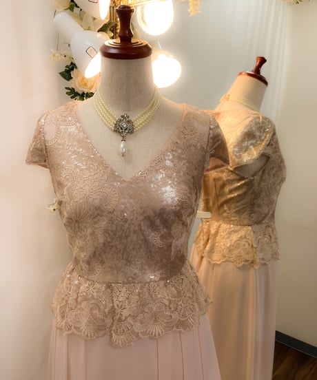 ADRIANNA PAPELL レース×シフォン Vネックドレス　ピンクベージュ