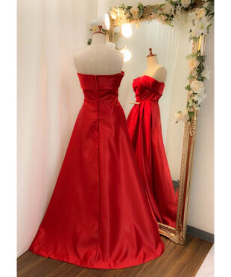 プリーツデザインベアトップドレス バレンタインレッド | Sharon Style