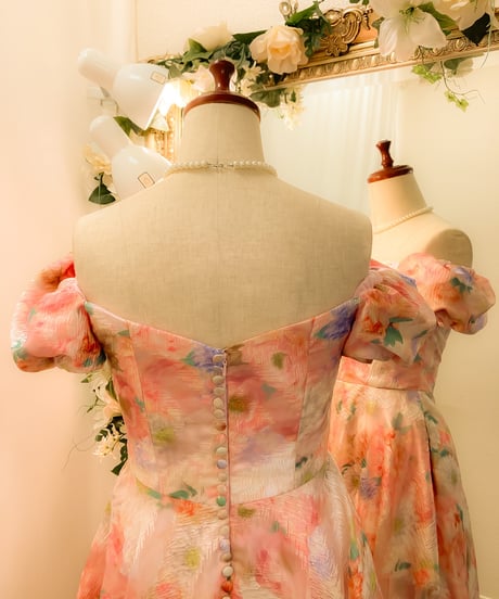 2wayスリーブ クラシカル Aラインドレス　ピンクフラワー