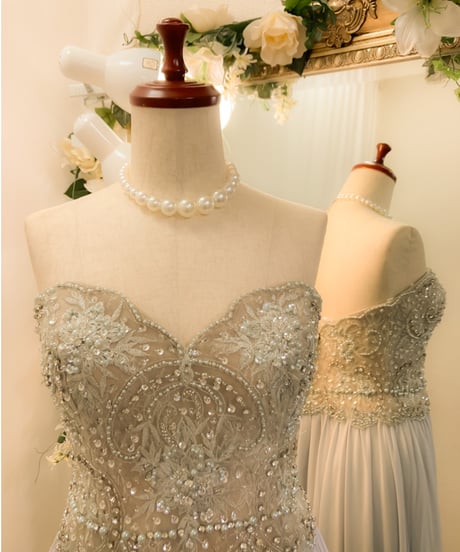 TERANI COUTURE　シフォンAライン ビーディングドレス　シルバー XLサイズ