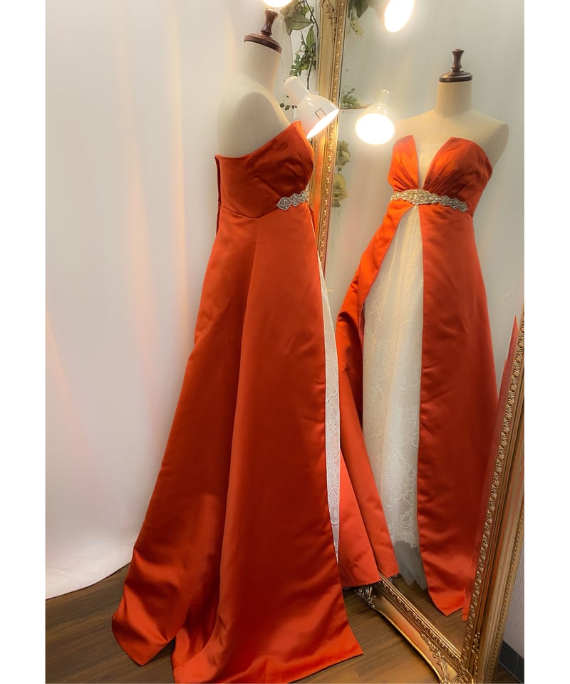 パーティードレス オレンジ サッシュベルト ベアトップ ソフトチュール  