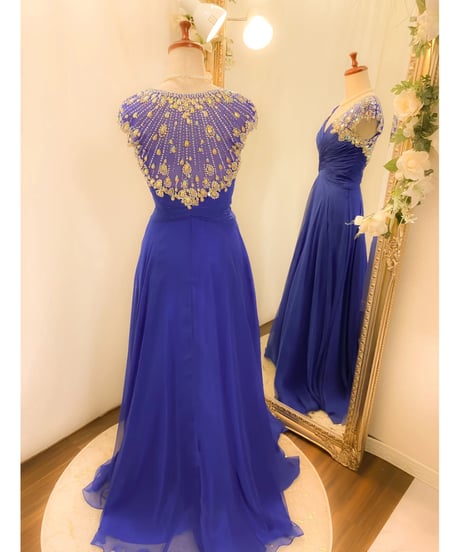 ショールビジューVネックドレス　ロイヤルブルー Mサイズ