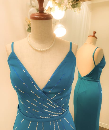 TERANI COUTURE　ストラップデザイン シンプル スレンダードレス　ティールグリーン　Mサイズ