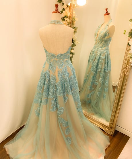TERANI COUTURE　ホルターネック ボーツガウンドレス　ダスティブルー　Sサイズ