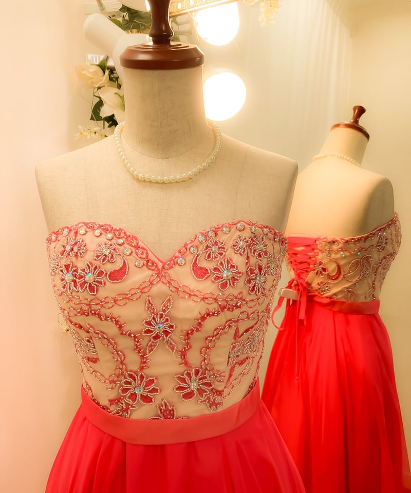 バイカラーデザイン ベアトップ編み上げドレス ホットピンク