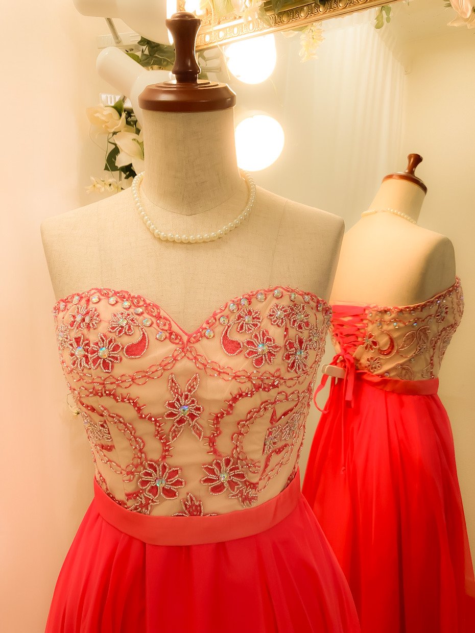 バイカラーデザイン ベアトップ編み上げドレス ホットピンク