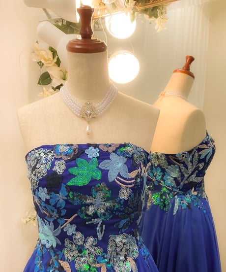 刺繍アップリケ シフォン Aラインドレス　ロイヤルブルー Sサイズ