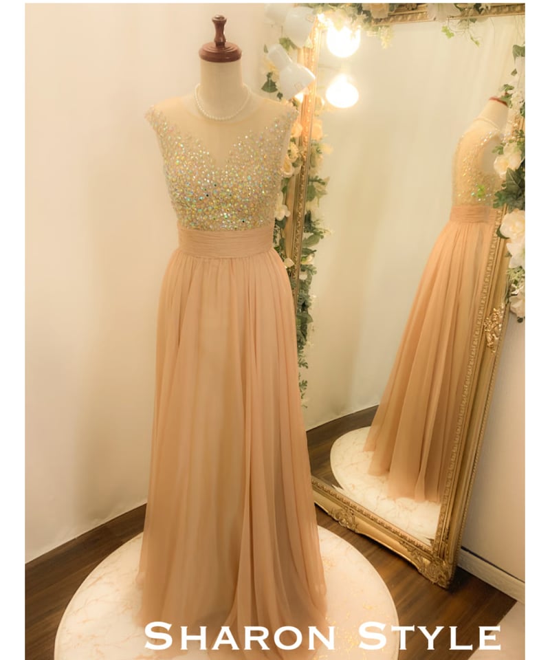 キャプスリーブ×ビジュー シフォン Aラインドレス シャンパン