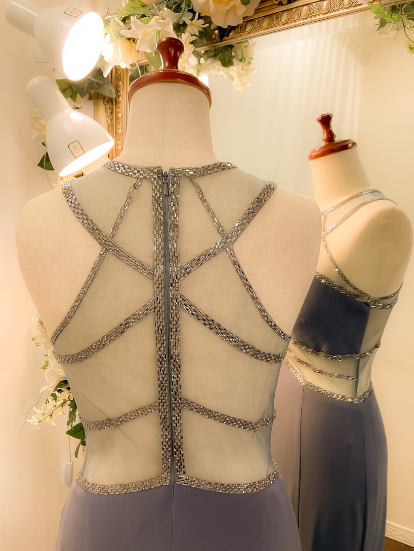 グレー チェック柄 シースルー ドレス 胸元シースルーレース刺繍 七分袖膝丈タイトミニドレスワンピ