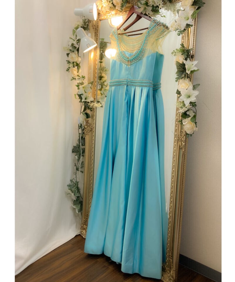 ビジューアクセント オフショルダードレス アクアブルー | Sharon 