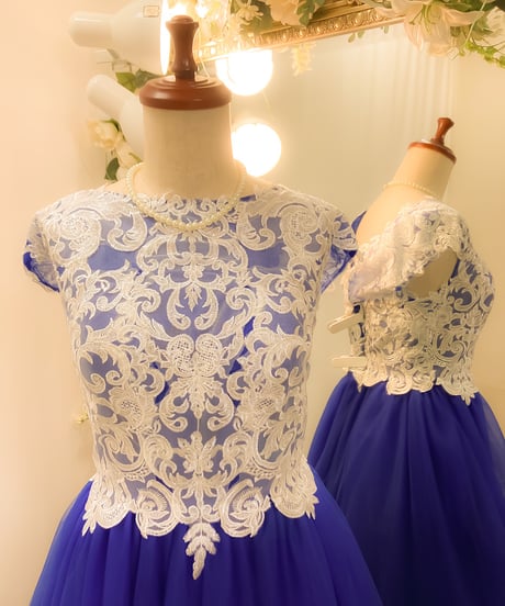 レースボートネックチュールドレス　ロイヤルブルー