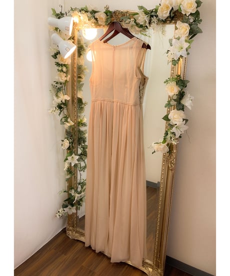 ADRIANNA PAPELL ペンタゴンネック シースルースリーブドレス　ベージュ