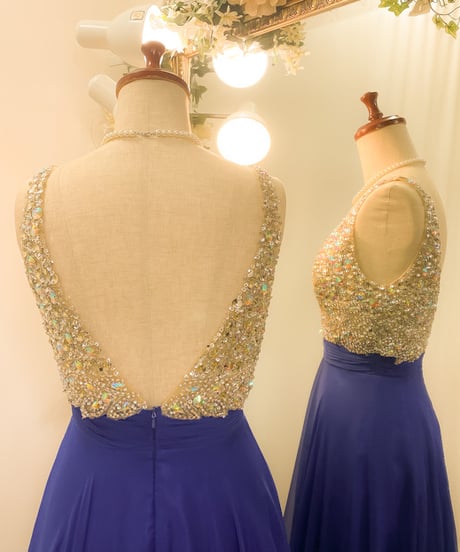 ビジューVネック シフォンドレス　ロイヤルブルー　S-Mサイズ