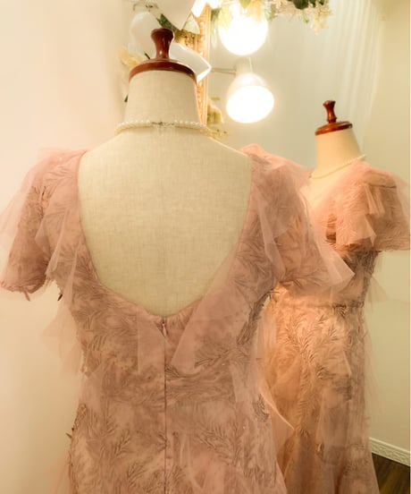 Badgley Mischka ハーフスリーブ チュールティアードドレス　ローズピンク