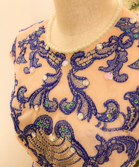 バロック風刺繍フレンチスリーブドレス　ロイヤルブルー　S-Mサイズ