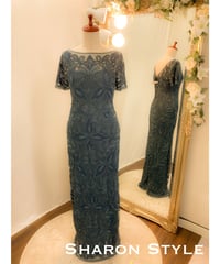 ハーフスリーブスパンコールドレス　ティールグリーン