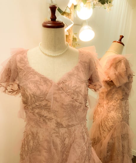 Badgley Mischka ハーフスリーブ チュールティアードドレス　ローズピンク