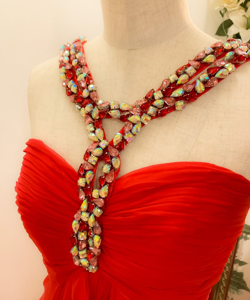 ビーディングストラップ エンパイア シフォンドレス レッド Sサイズ
