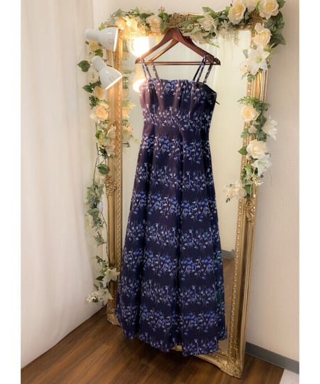 VERA WANG ストライプ風 花模様ジャカードドレス　ネイビー　MLサイズ
