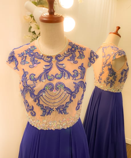 バロック風刺繍フレンチスリーブドレス　ロイヤルブルー　S-Mサイズ