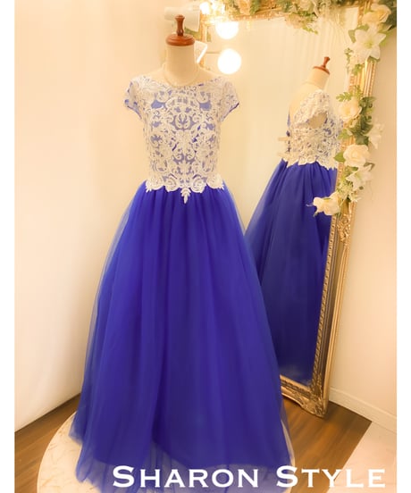 レースボートネックチュールドレス　ロイヤルブルー