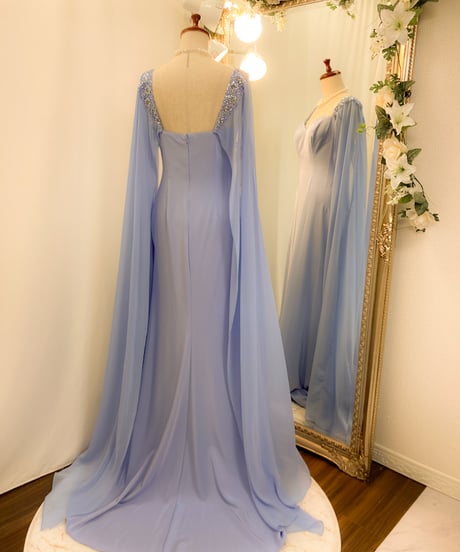 ロングスカーフ オフショルダー スレンダードレス　スカイブルー　Mサイズ
