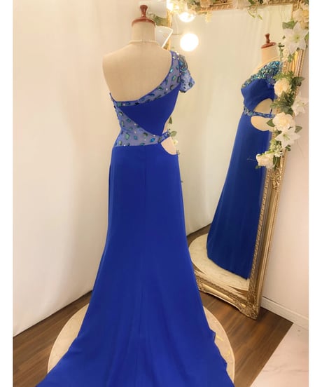 ワンショルダースリーブ シフォンドレス　ロイヤルブルー