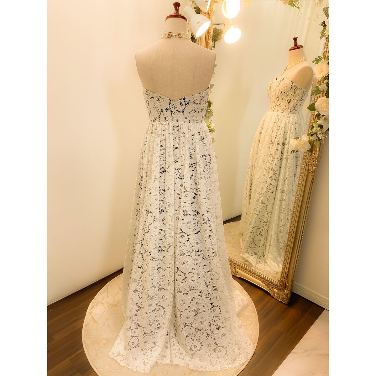 総レース クラシカルボールガウン ベアトップドレス ホワイト