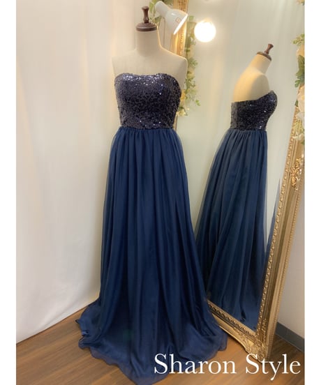 スパンコール×シフォン Aラインドレス　ネイビー