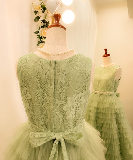 ＊KIDS＊ チュールティアード レース スリーブレスドレス　ライトグリーン
