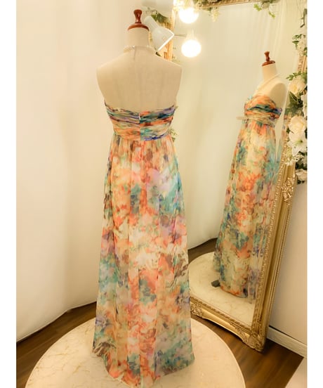 水彩風プリント エンパイア シフォンドレス　マーブル　Mサイズ