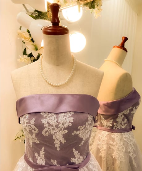刺繍アップリケ×チュールレース リボンベルト付きドレス　ラベンダー　Mサイズ