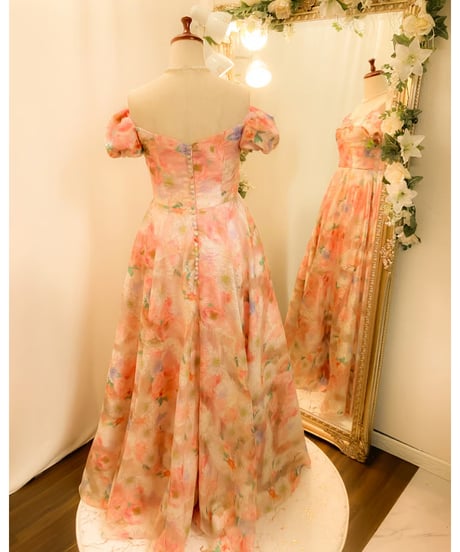 2wayスリーブ クラシカル Aラインドレス　ピンクフラワー