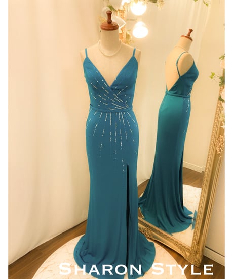 TERANI COUTURE　ストラップデザイン シンプル スレンダードレス　ティールグリーン　Mサイズ