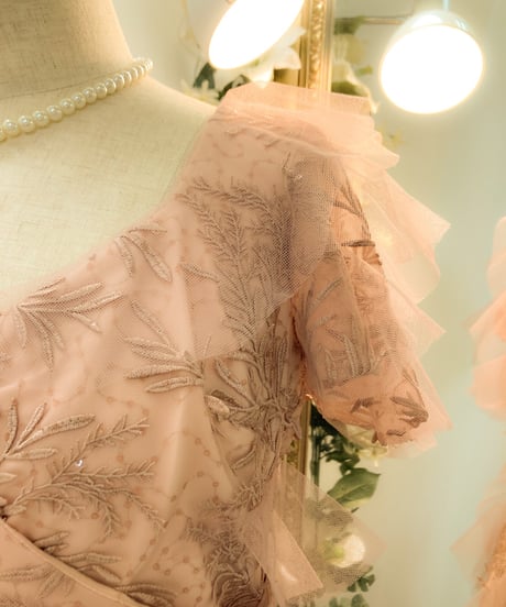 Badgley Mischka ハーフスリーブ チュールティアードドレス　ローズピンク