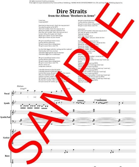 ダイアー・ストレイツ (Dire Straits) / MONEY FOR NOTHING バンド・スコア(TAB譜) 楽譜 from68