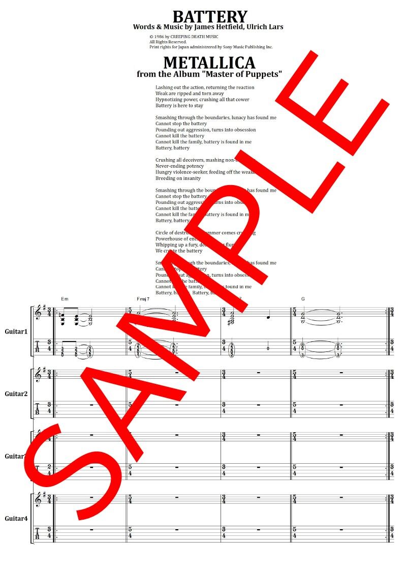 METALLICA (メタリカ) / Battery バンド・スコア(TAB譜) 楽譜 fro