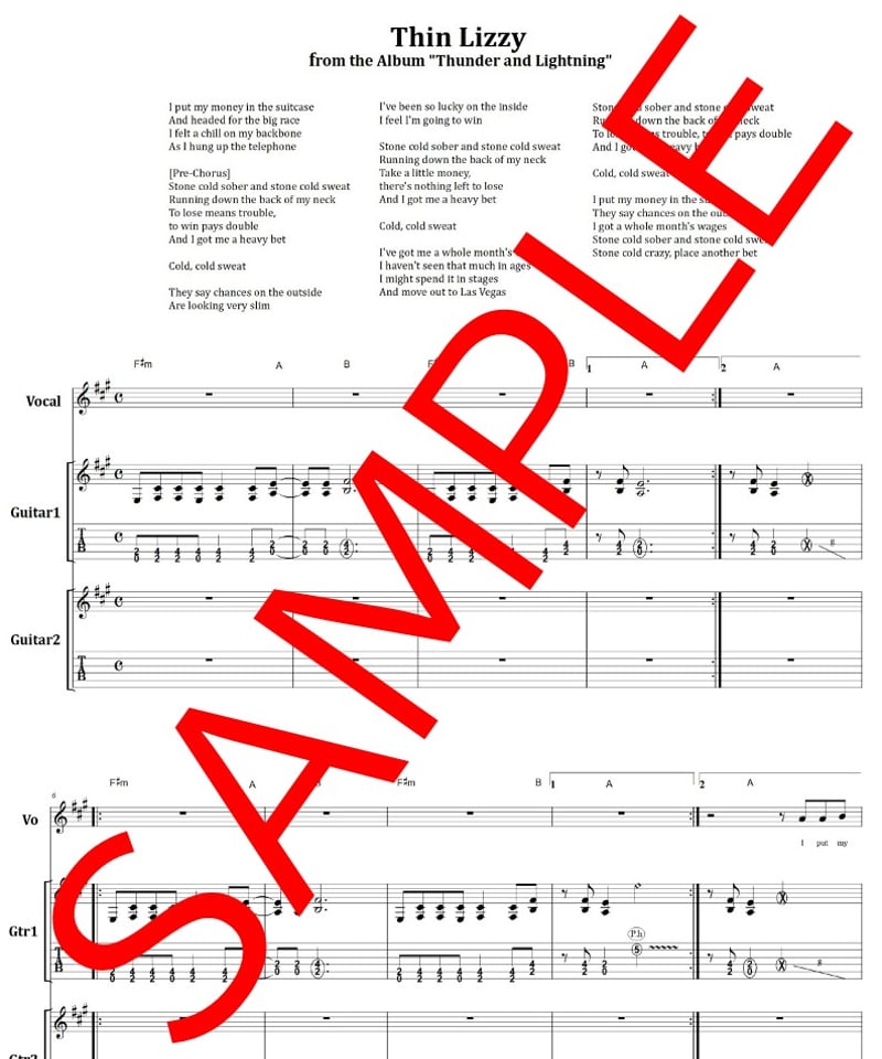 THIN LIZZY　バンドスコア　シン・リジィ・ベスト     楽譜 THIN LIZZY(シン・リジィ) / COLD SWEAT ギター・スコア(TAB譜
