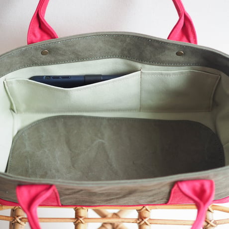 ＊受注制作＊【ARMY DUCK】蓋付きしかくトート よこなが（カーキドラブ×レッド）