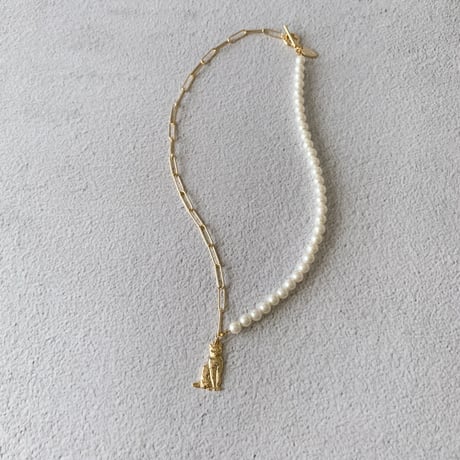 Pearl & Cable Chain with Cat Necklace