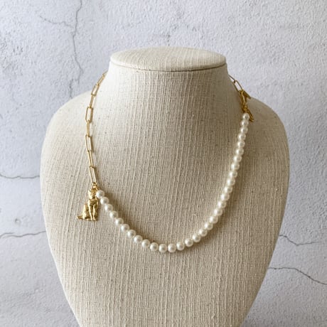 Pearl & Cable Chain with Cat Necklace