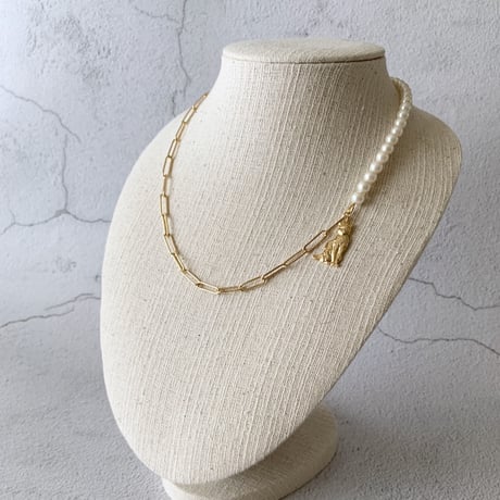 Pearl & Cable Chain with Cat Necklace