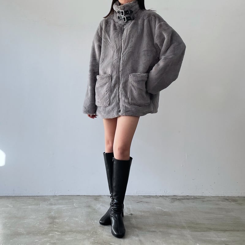 フェイクファー スタンドカラー ジャケット アイボリー グレー フェイクファー スタンドカラー ジャケット アイボリー グレー