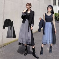 ワンピーススーツ S M L 2L 3L 即納 4L 黒 グレー 大人可愛い セットアップ ぽっちゃり ジャケット チュール 切替 ASY-98926 大きいサイズ デートコーデ