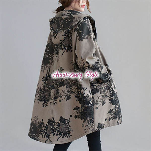 コート 即納 花柄 裏起毛 アンティーク フラワープリント柄 7559006 コート 花柄 茶 裏起毛 アンティーク フラワープリント柄 フード