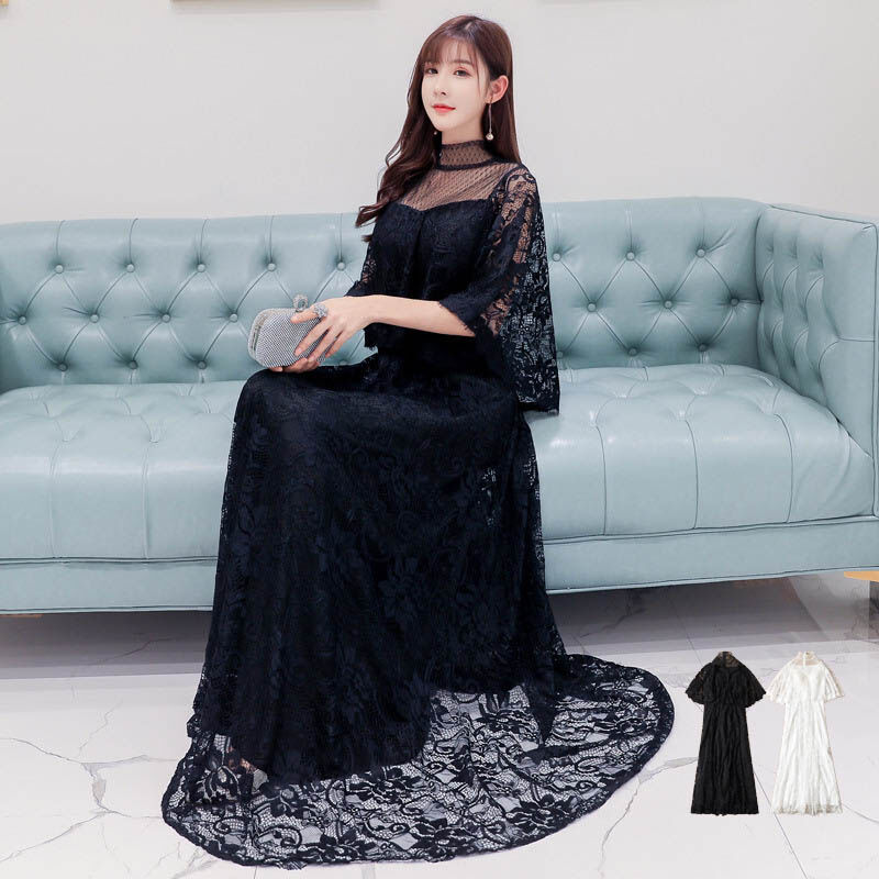 ロングドレス 演奏会 袖あり 50代 黒 白 M L 2L 3L 4L 5L パーティー