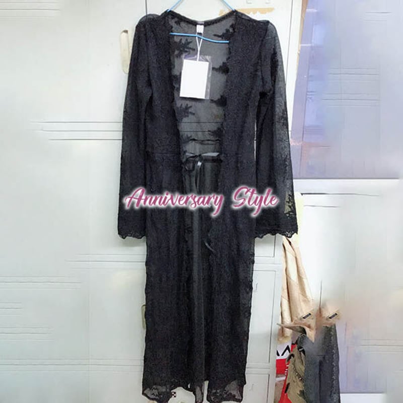 ＮＩＮＥ　レースロングカーディガン　ワンピース シースルー ワンピース レース ロング カーディガン 即納 白 黒