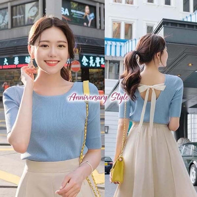 背中開き 背中見せ トップス 6色 即納 バックオープン バックリボン