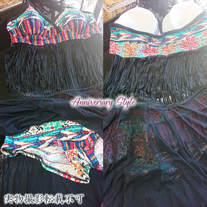 L ワンピース水着☆民族風★お腹カバー黒　n4594 L ワンピース水着☆民族風☆お腹カバー黒n4594
