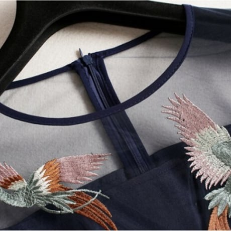 パーティードレス M マキシワンピース 異素材切替 ゆったり ロングドレス ワンピース ネイビー T851046 鳳凰 刺繍ドレス シースルー メッシュ 長袖